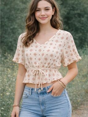 SO Cream Boho Peplum Top Tie Waist Flutter Sleeve Soft Girl Cottagecore Small